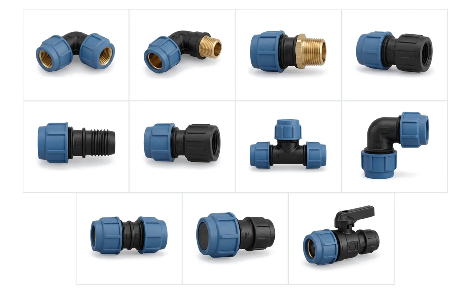 Compression Fitting range, plastic parts made on SolidForm injection moulds