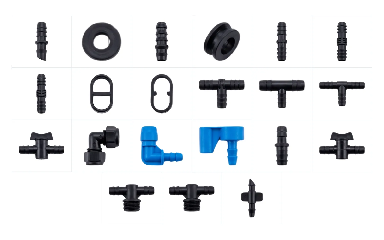 Irrigation Fitting range, plastic parts made on SolidForm injection moulds